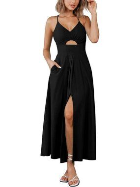 Women's Black Summer Spaghetti Strap Midi Dress Sleeveless V Neck Maxi Dresses